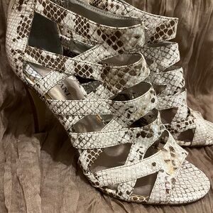 Alfani Snakeskin Strappy Heels in Brown and Cream